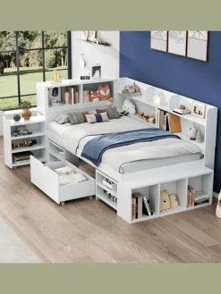 Einzelbett in Weiß mit Schubladen Regal und Stauraum 90x200 cm