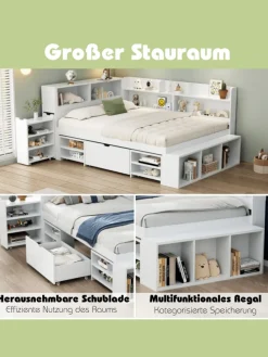 Einzelbett in Weiß mit Schubladen Regal und Stauraum 90x200 cm