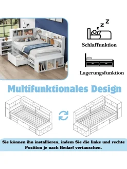 Einzelbett in Weiß mit Schubladen Regal und Stauraum 90x200 cm