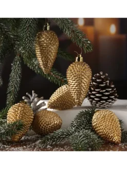 6er Set Baumschmuck Tannenzapfen bruchfest glitzernd in gold