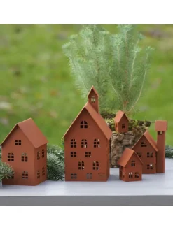 5er Set Deko Häuser Metall in Braun
