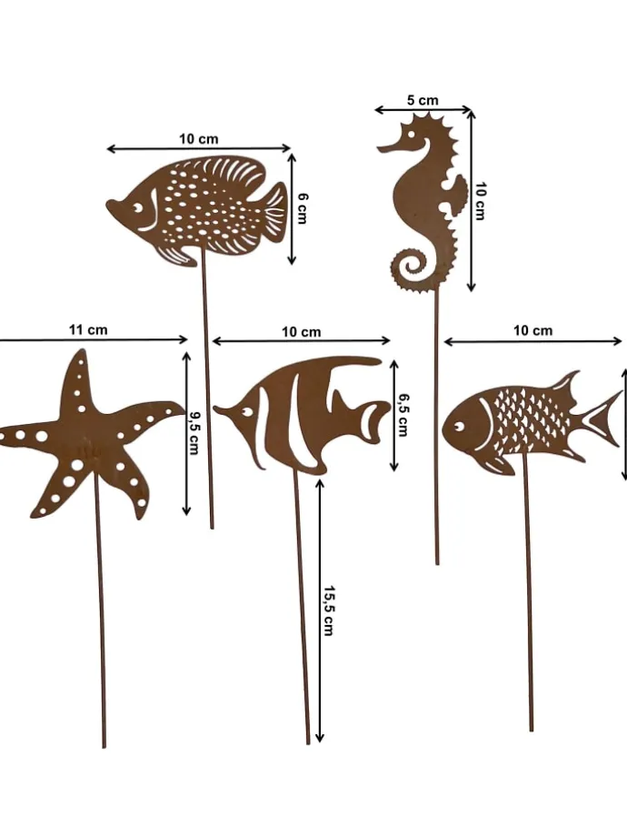 5er Set Gartenstecker Rost Fische in Braun