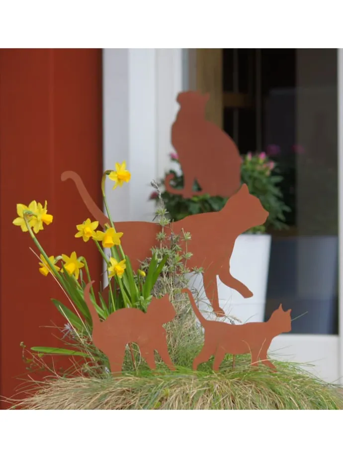 4er Set Gartenstecker Rost Katzen in Braun