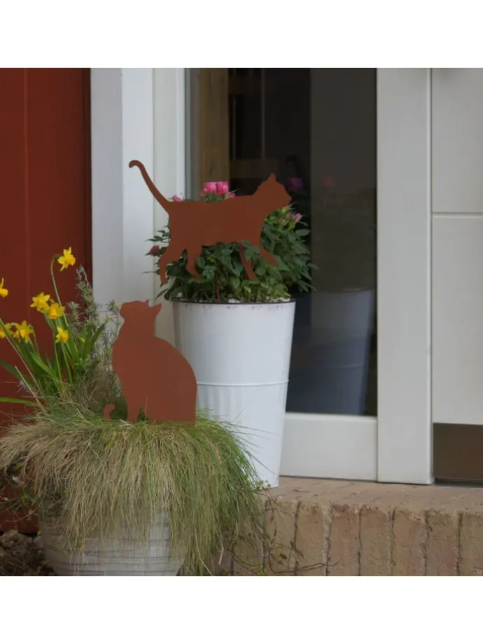 4er Set Gartenstecker Rost Katzen in Braun