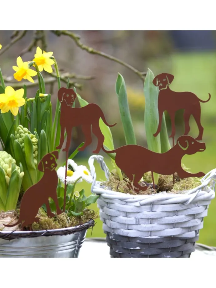 4er Set Gartenstecker Rost Hunde in Braun