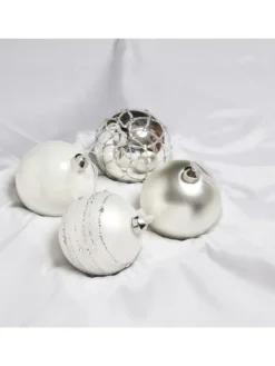 4er Set Weihnachtskugeln Glas D: 10cm in silber, weiß