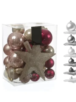 33er Set Weihnachtskugeln mit Stern Baumspitze bruchfest pink, rosa