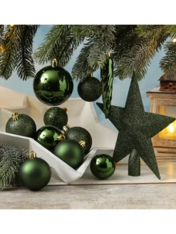 33er Set Weihnachtskugeln mit Stern Baumspitze bruchfest in grün