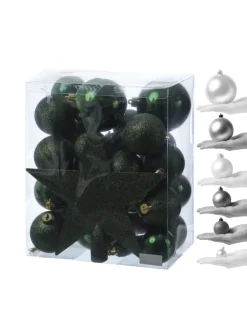 33er Set Weihnachtskugeln mit Stern Baumspitze bruchfest in grün