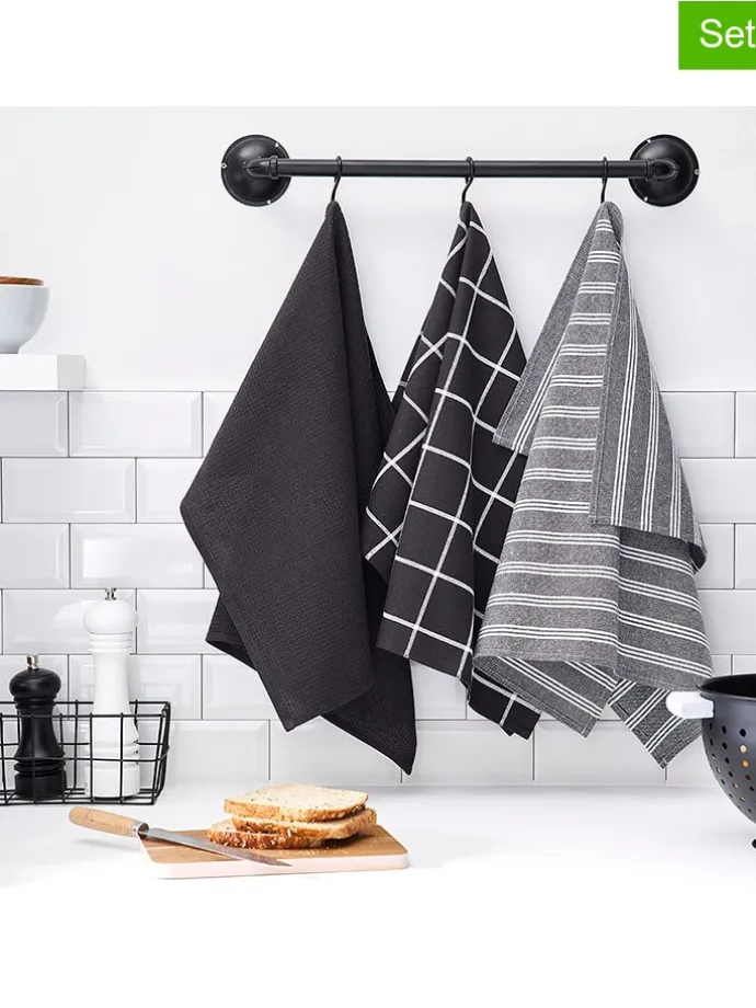 3er-Set: Geschirrtücher "Essential Fusain" in Grau/ Schwarz - (L)70 x (B)50 cm