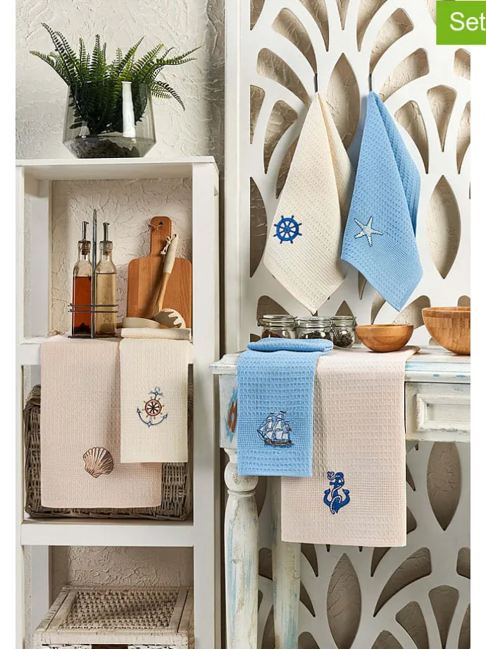 6er-Set: Geschirrtücher "Marin" in Creme/ Hellblau/ Rosa