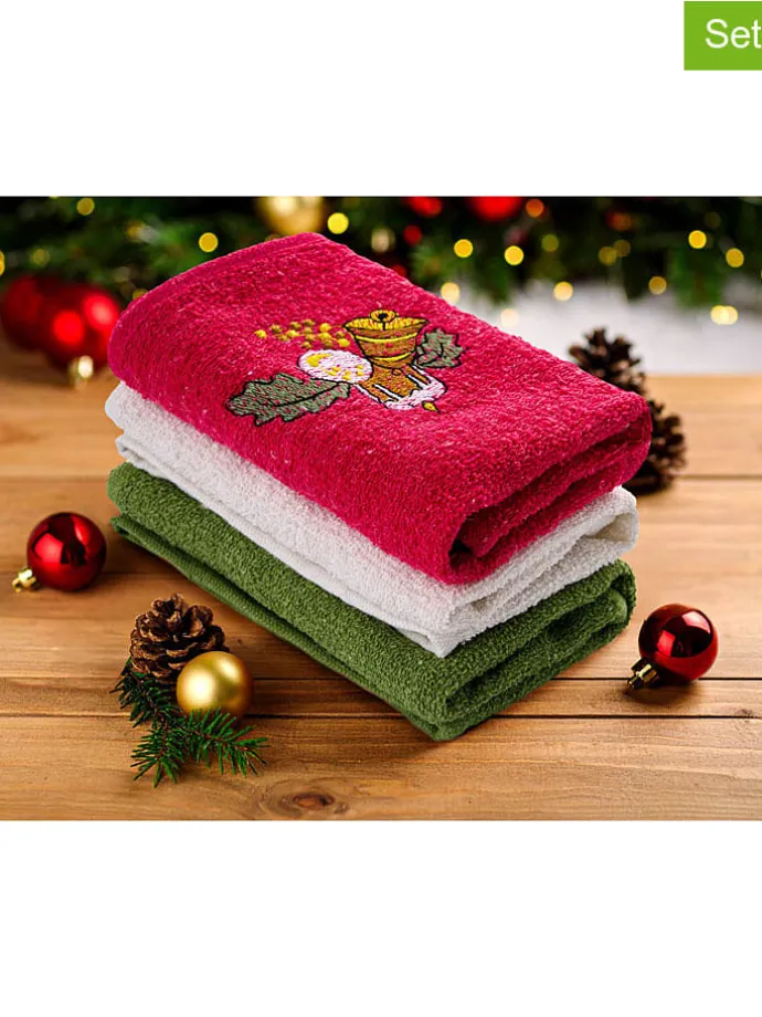 3er-Set: Handtücher in Weiß/ Rot/ Grün