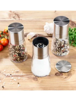3er-Set: Mini-Edelstahl-Salz-/ Pfeffermühlen - (H)5,6 x Ø 3,2 cm