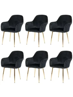 6er-Set Retro Esszimmerstuhl F18, Samt schwarz, goldene Beine