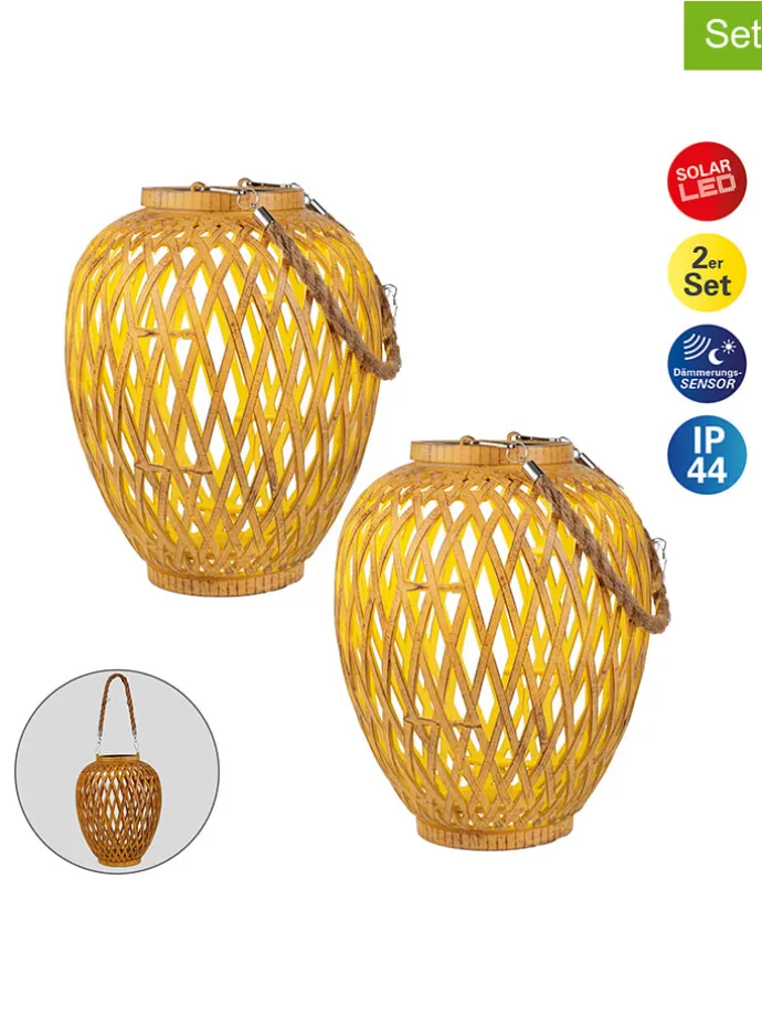 2er-Set: Solar-Dekoleuchte "Cesto" in Hellbraun - (H)24 x Ø 20 cm