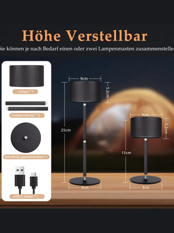 2er-Set Tischleuchte LED in schwarz rund Touch Dimmbar Tragbare Kabellos