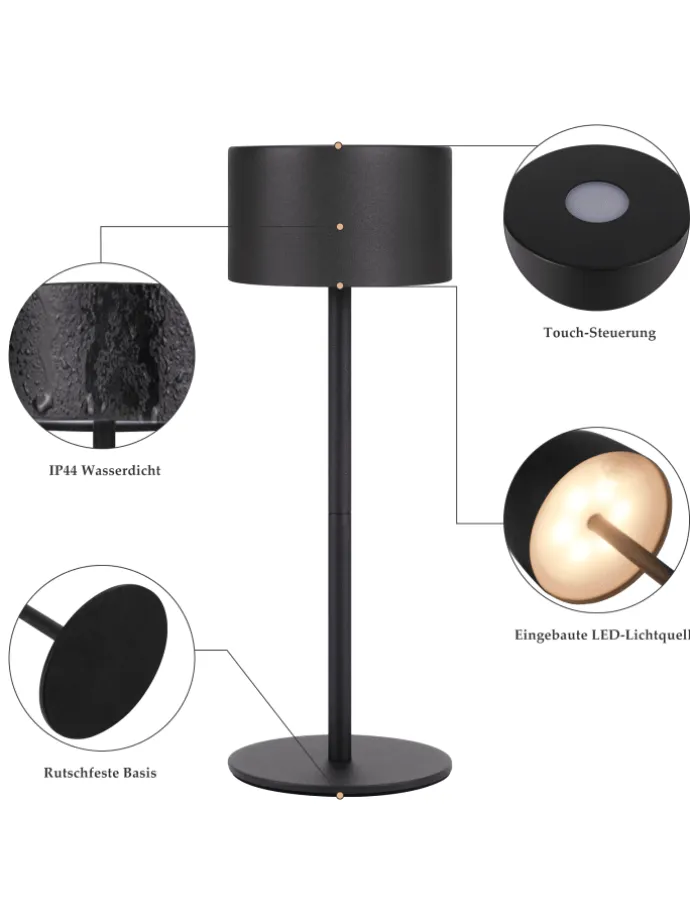 2er-Set Tischleuchte LED in schwarz rund Touch Dimmbar Tragbare Kabellos