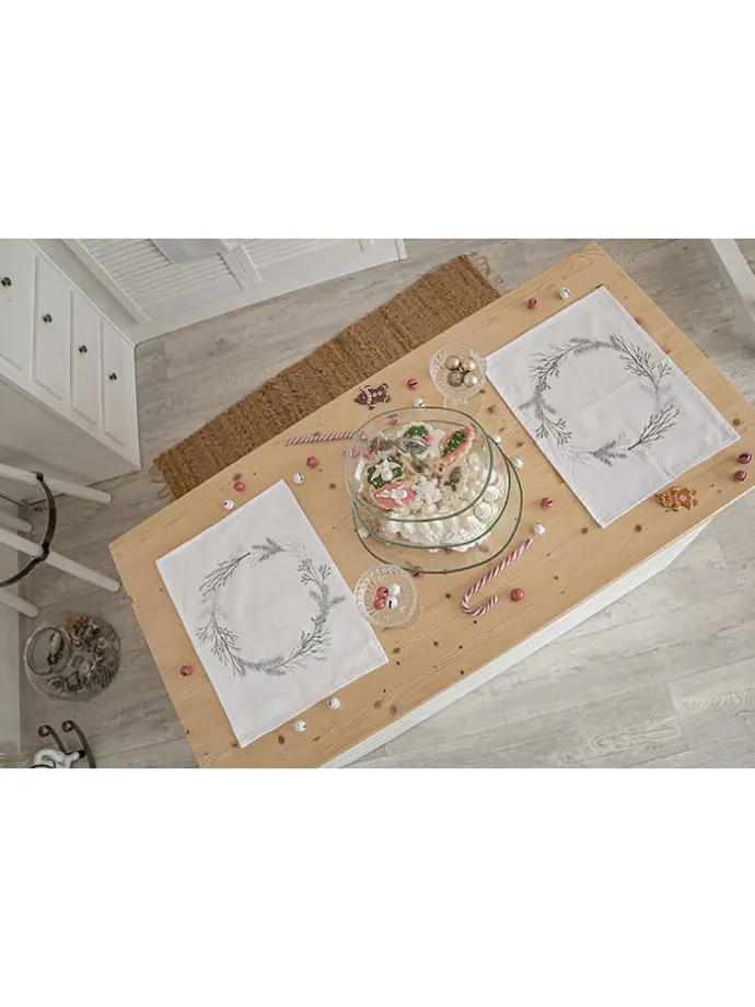 2er-Set: Tischsets "Christmas twigs" in Weiß/ Grün/ Grau - (L)35 x (B)45 cm