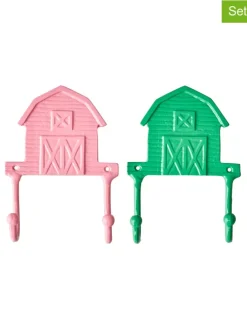 2er-Set: Wandhaken "Farm" in Pink/ Grün - (B)13,5 x (H)19 cm