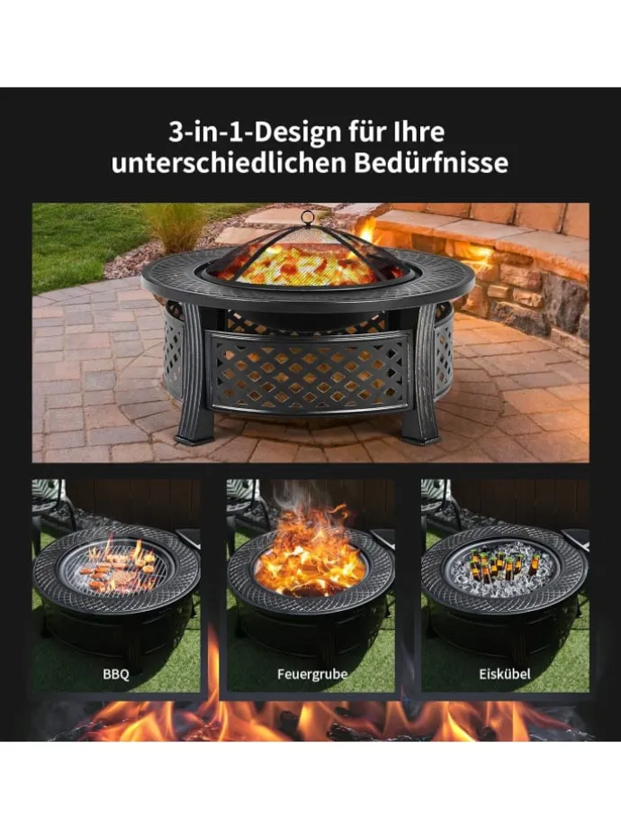 Feuerschale mit Grillrost in Schwarz