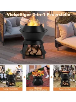 Feuerstelle mit Topfhalter und Ablage in Schwarz