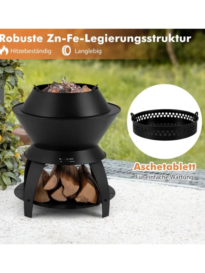 Feuerstelle mit Topfhalter und Ablage in Schwarz