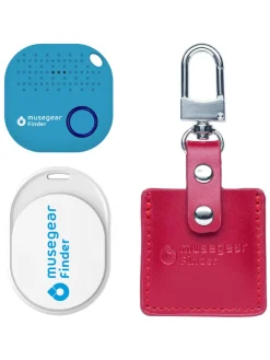 Finder Mini weiß, Finder 2 hellblau, Finder 2 in Ledertasche Bordeaux