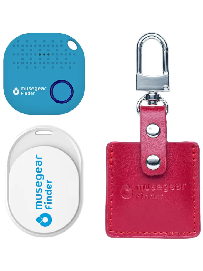 Finder Mini weiß, Finder 2 hellblau, Finder 2 in Ledertasche Bordeaux