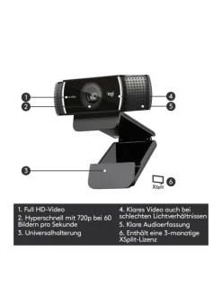 Full-HD Webcam mit 1080p/30fps - Glasobjektiv mit 78° Sichtfeld in Schwarz