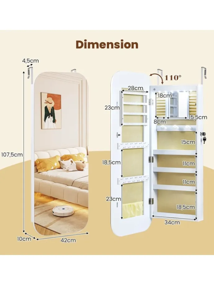 Ganzkörperspiegel abschließbarm mit LED 107,5 cm in Weiß