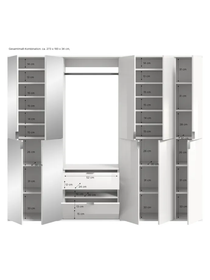 Garderobenkombination (B/H/T: 213x193x34 cm) in weiß und weiß Hochglanz