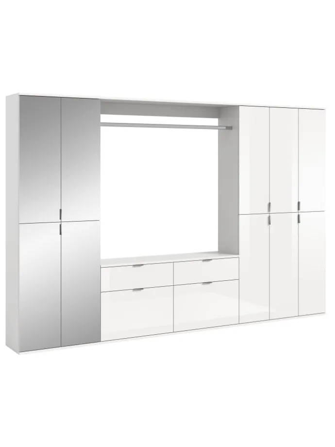 Garderobenkombination (B/H/T: 273x193x34 cm) in weiß und weiß Hochglanz