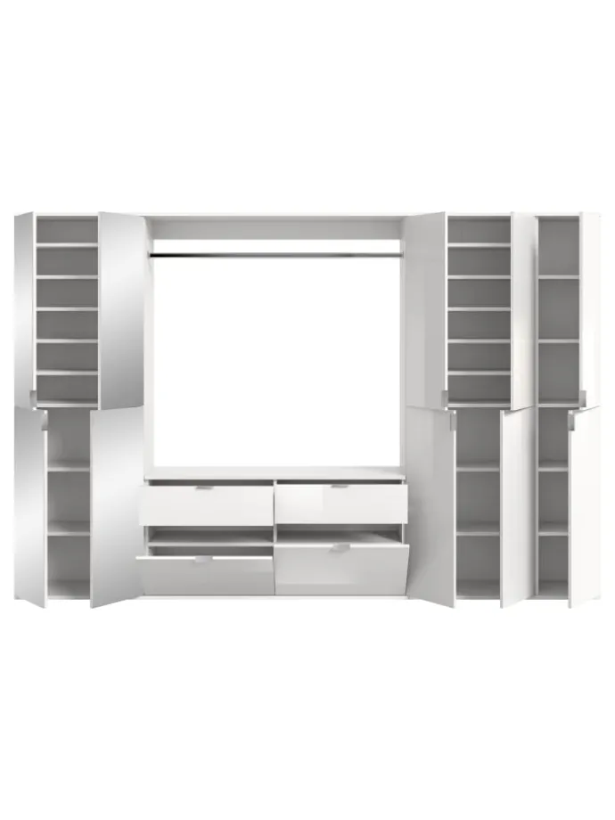 Garderobenkombination (B/H/T: 273x193x34 cm) in weiß und weiß Hochglanz