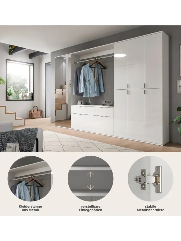 Garderobenkombination (B/H/T: 273x193x34 cm) in weiß und weiß Hochglanz