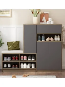 Garderobenset in Grau mit Sitzbank 4 Haken und Schubladen 100x180x35 cm