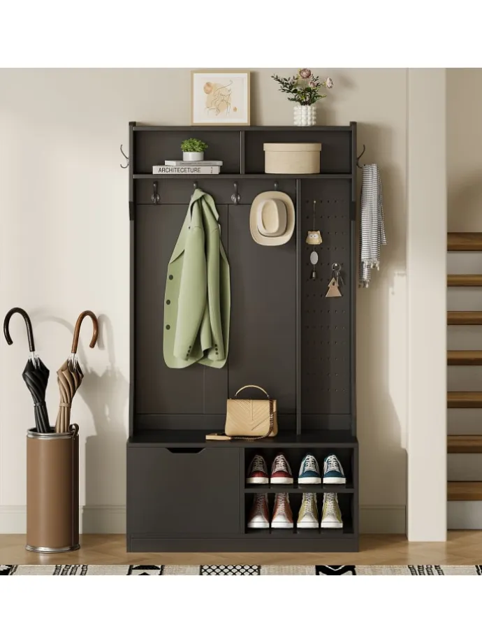 Garderobenset mit Sitzbank in Schwarz - 100×185.5×40 cm