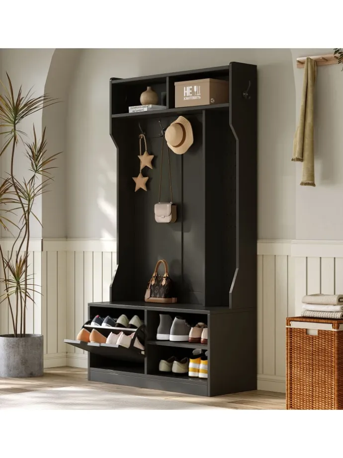 Garderobenset mit Sitzbank in Schwarz - 100×185.5×40 cm