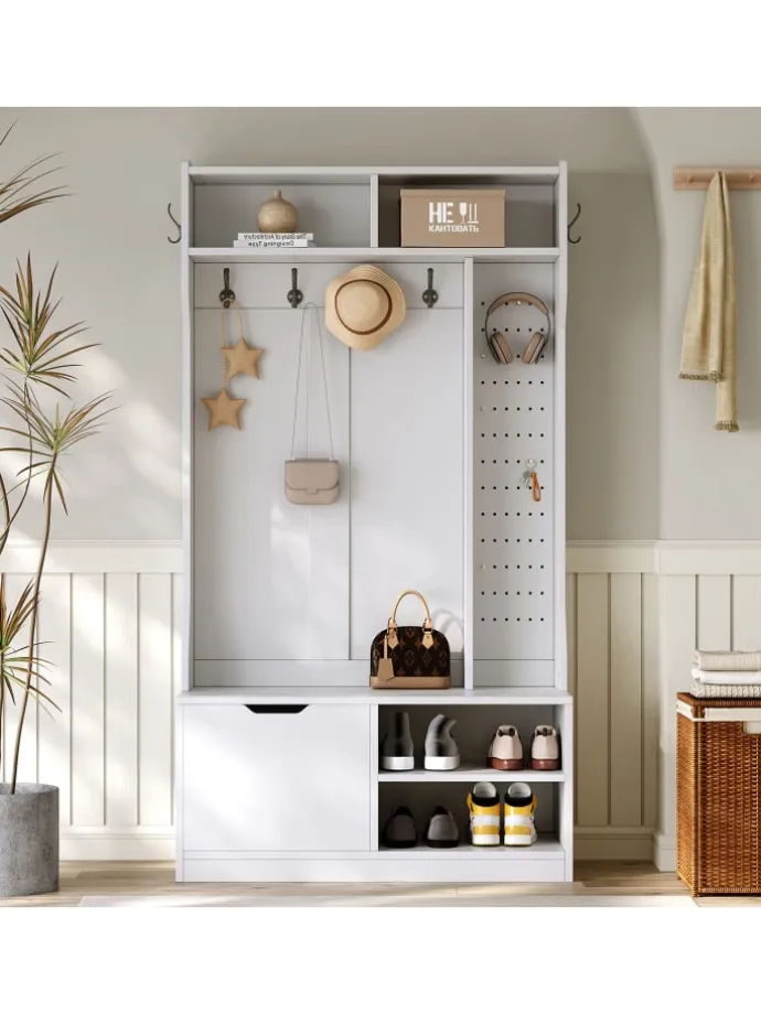 Garderobenset mit Sitzbank in Weiß - 100×185.5×40 cm
