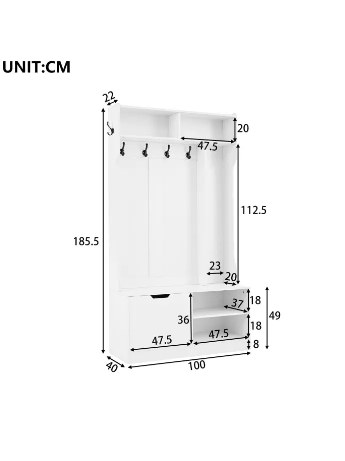 Garderobenset mit Sitzbank in Weiß - 100×185.5×40 cm
