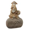 Gartenfigur Welcome 3 Häschen auf Stein H: 26cm in braun