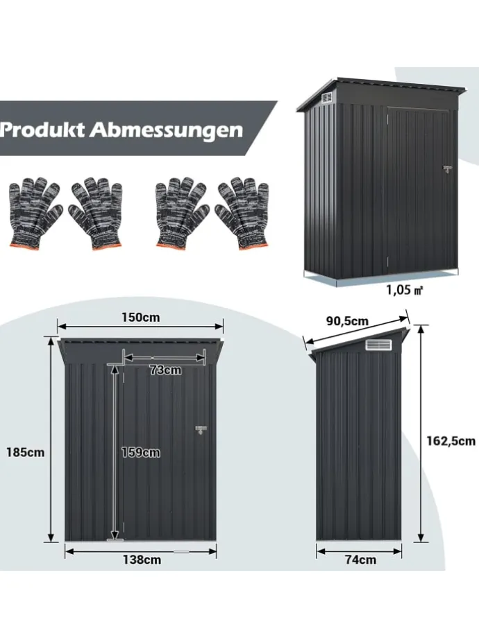 Gartenhaus Metall 1,88 m³ Türgröße: 72,5x159cm in Grau