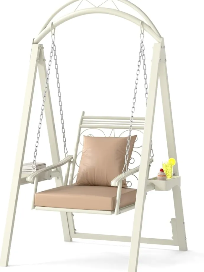 Gartenschaukel mit Gestell mit abnehmbaren Kissen in Weiß