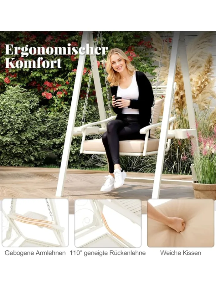 Gartenschaukel mit Gestell mit abnehmbaren Kissen in Weiß
