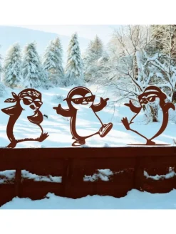 Gartenstecker Pinguine, Lustige Gartendeko aus Metall in Braun