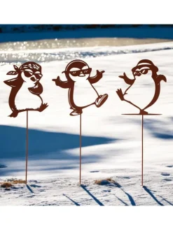 Gartenstecker Pinguine, Lustige Gartendeko aus Metall in Braun