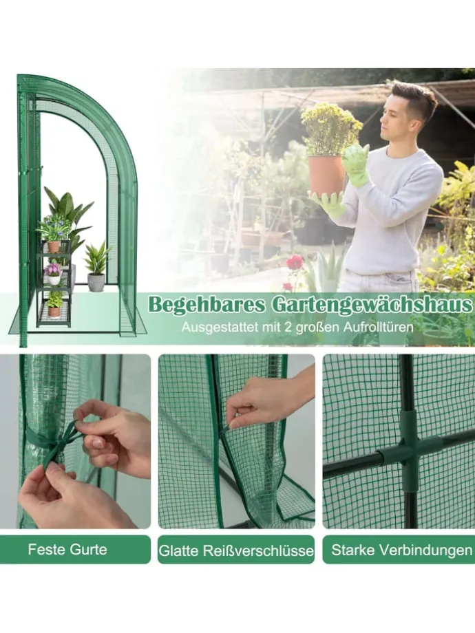 Gewächshaus begehbar mit drei Regalebenen 200x100x215cm in Grün