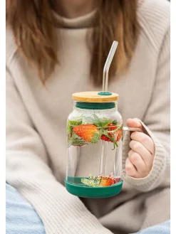 Glas mit Trinkhalm in Grün - 600 ml