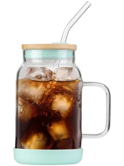 Glas mit Trinkhalm in Hellblau - 600 ml