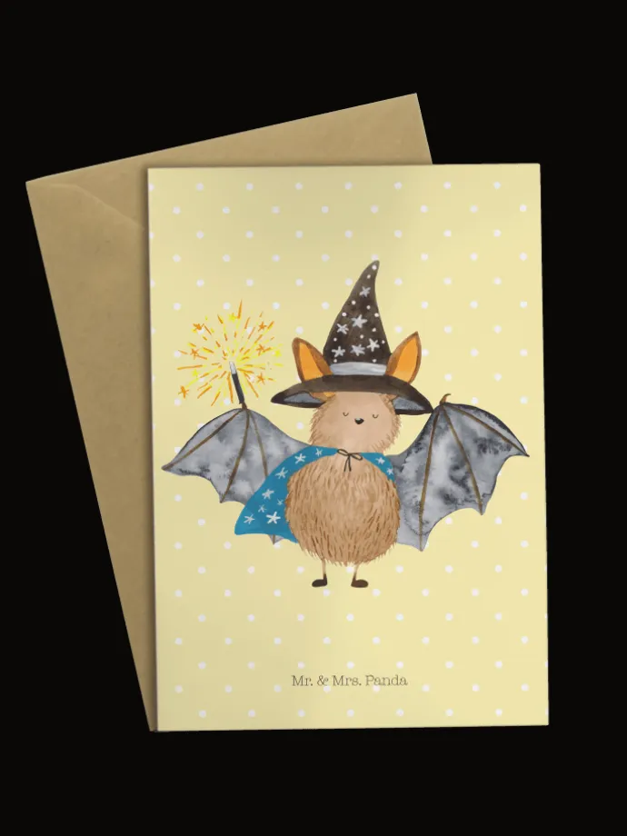 Glückwunschkarte Fledermaus Zauberer ohne Spruch in Gelb Pastell