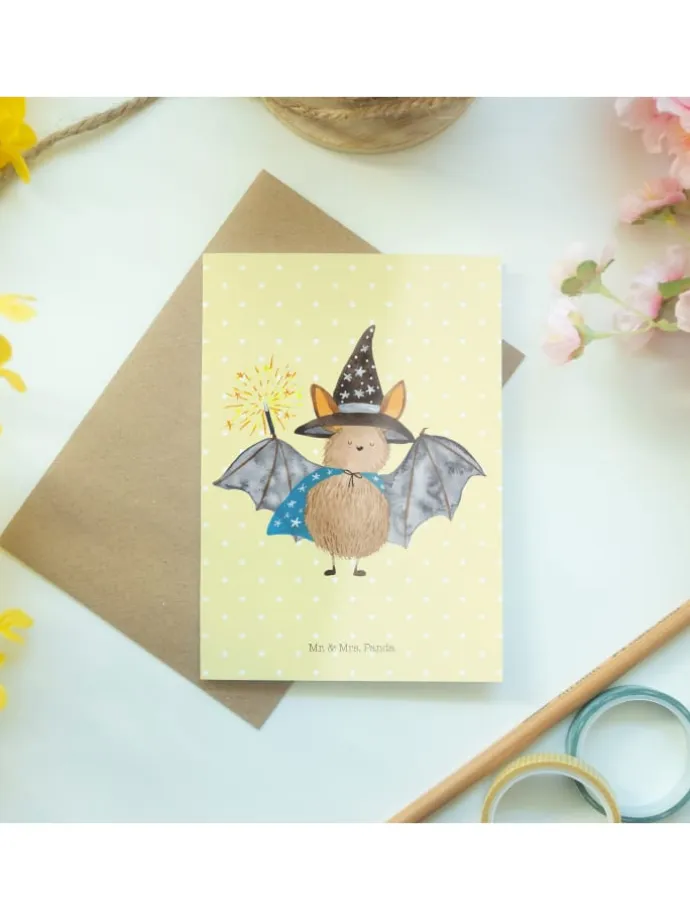 Glückwunschkarte Fledermaus Zauberer ohne Spruch in Gelb Pastell